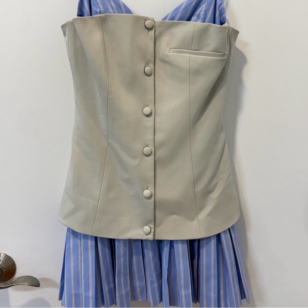 Zara Beige Button-Front Corset Top with Blue Striped Dress